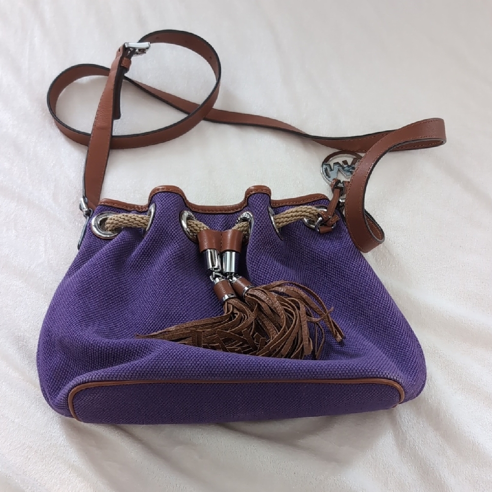 Rare Michael Kors Purple & Brown Crossbody Twill Bucket Purse